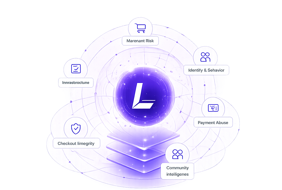 LANTIRN risk graph orb showing merchant risk, infrastructure, identity, payment abuse, checkout integrity, and community intelligence signals